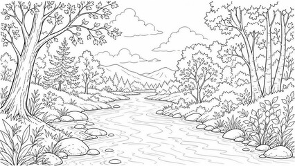 Fototapeta premium Detailed open forest river landscape with trees and clouds line art coloring page illustration