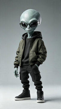 Stylish alien character in casual streetwear with sunglasses