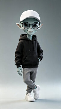 3D cartoon alien character in casual streetwear with glasses