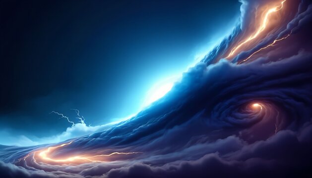 Enormous blue energy wave swirling through dramatic clouds