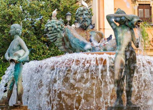 A close-up of the Turia Fountain (known locally as Fuente del Turia or Font del T&uacute;ria), located in the historic Plaza de la Virgen in Valencia, Spain.