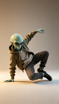 Stylish alien character in casual streetwear striking a dynamic pose