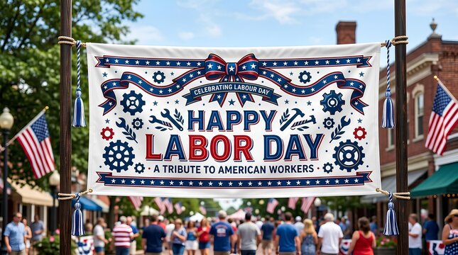 Happy Labor Day banner at outdoor American celebration.