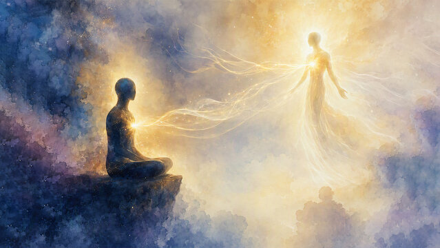 Spiritual Connection Between Physical And Higher Self Flowing Energy Figures Watercolor Illustration