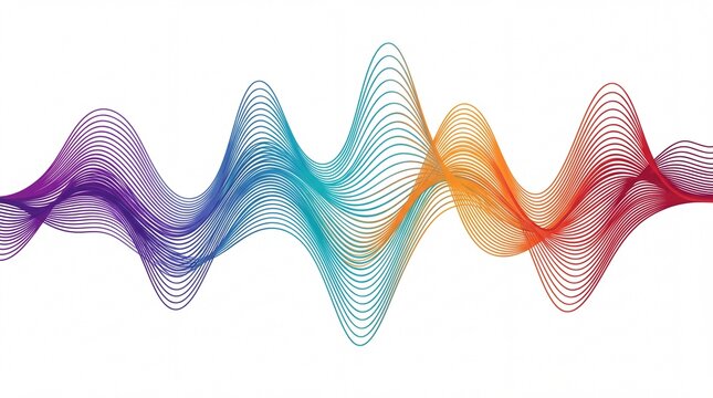 Vibrant gradient sound wave pattern consisting of flowing colorful lines displayed on white background