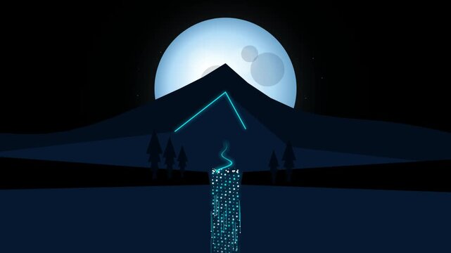 Minimalist digital mountain landscape with glowing blue light stream and full moon at night 4k Motion Video
