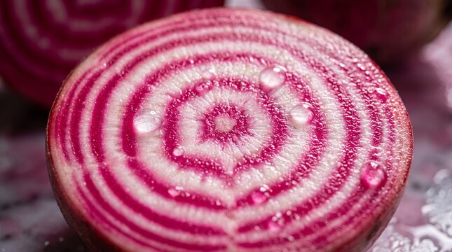 Fresh cross section of a striped Chioggia beet with water droplets