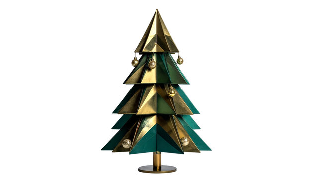 An artistically stylized Christmas tree with abstract geometric branches formed from angular metallic facets, a palette of matte gold and deep emerald tones, isolated on transparent background