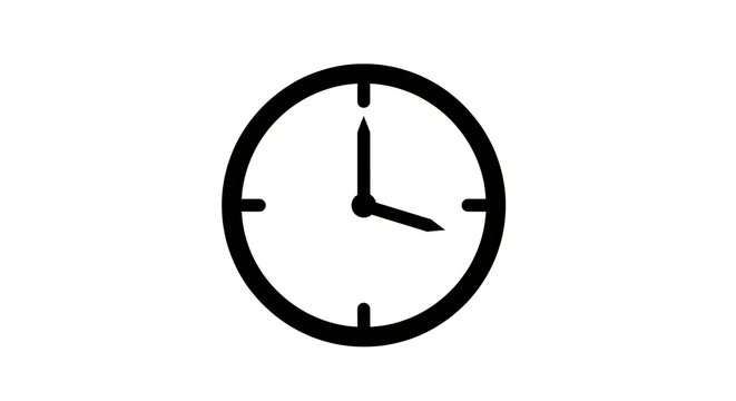 Simple black clock icon showing three o'clock time.