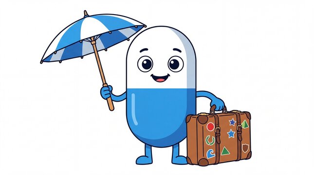 Cheerful blue capsule character holding striped umbrella and vintage brown suitcase isolated on white background