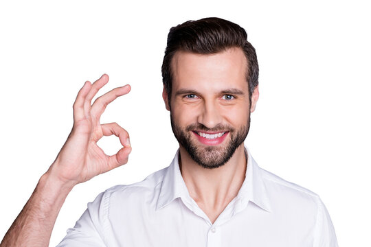 Portrait of positive cheerful confident man attorney investor economist enjoy excellent great ads promo show okay sign wear good look clothes isolated over gray color background