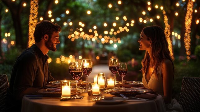 A romantic couple shares an intimate candlelight dinner outdoors at night together