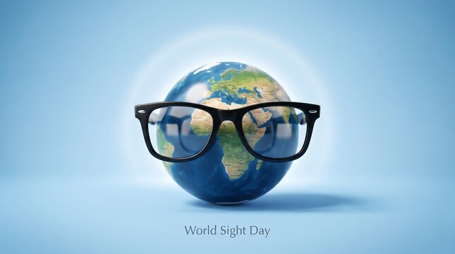 World sight day background showing realistic planet earth globe wearing black rimmed eyeglasses centered on clean blue studio backdrop with soft white glow effect.