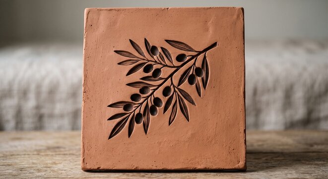 Unglazed ceramic intaglio relief olive branch on terracotta clay background