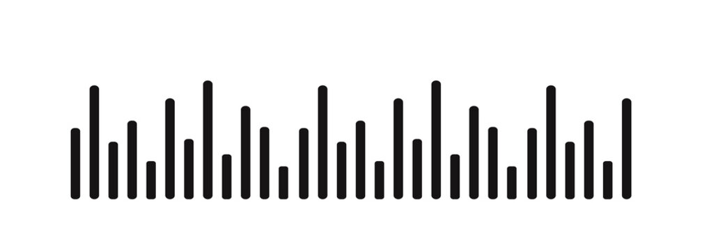 Audio equalizer waveform bars isolated on white background. Vertical black sound levels create a clean digital audio visualization for music, podcasts, recording, media players and graphic design. 