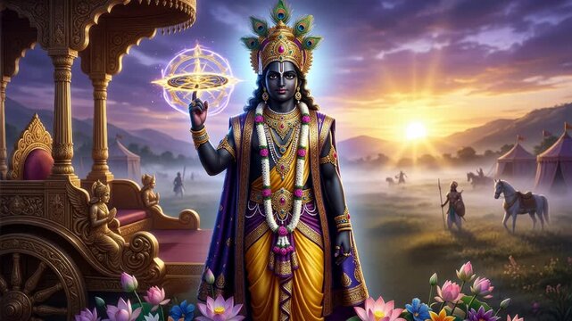 Sacred chariot guide: Sri Krishna, Lord Govinda, holy Gopala, radiant Madhava, blessed Keshava, divine Hari, cosmic Shyam, glorious Kanha, mighty Murari, eternal Damodara, noble Mukunda.