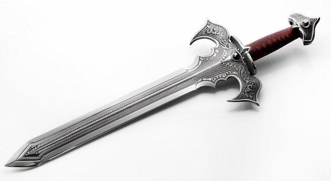 Double-edged sword. Blade and handle of a sharp sword, knife. Isolated on a white background.
