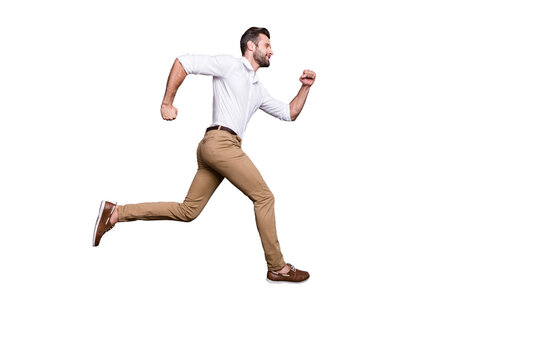 Full length body size view of his he nice attractive content cheerful proud strong motivated energetic man jumping running motivation ambition isolated over grey violet purple pastel color background