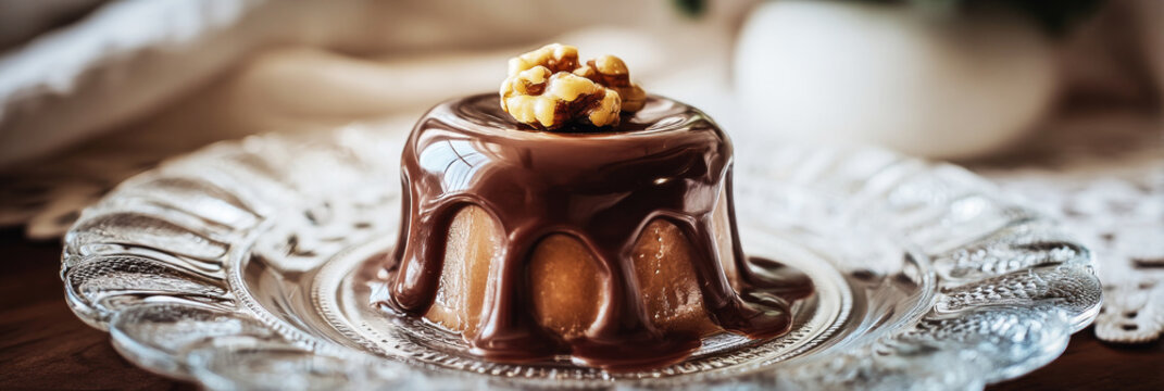 The dessert sits on a plate in a cafe. The creamy milk chocolate mousse features a shiny mirror glaze. Sparkling powdered sugar adds a finishing touch