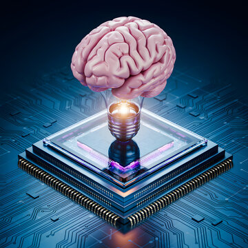 Artificial intelligence concept with human brain and glowing light bulb hovering above a powerful computer processor, futuristic technology and innovation