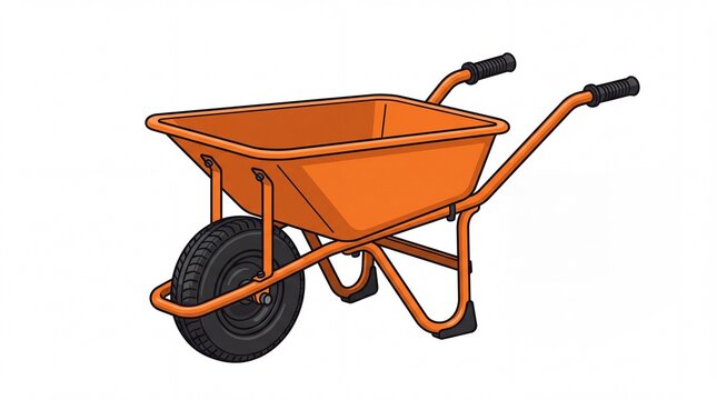Bright orange industrial wheelbarrow featuring sturdy metal frame and single black rubber tire on white background