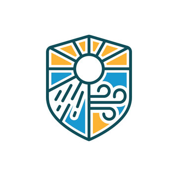 Minimalist Shield Logo with Sun Rain and Wind Weather Icons