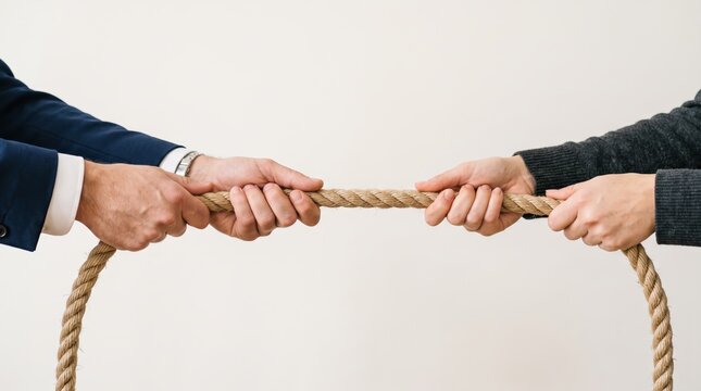 of two businessmen hands pulling thick rope in tug of war, symbolizing competition, conflict, negotiation, struggle for power, business rivalry, partnership tension, deadlock