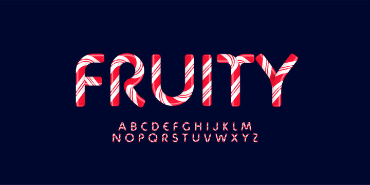 Candy fruity letters set with bright red white stripes. Sweet lollipop font. Festival style vector latin alphabet. Fonts for event, promo, logo, banner, monogram and poster. Typeset design