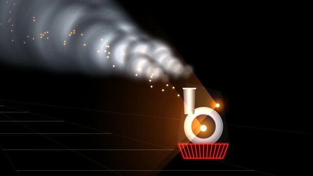 Minimalist digital illustration of a stylized steam locomotive train engine moving on a dark abstract background with glowing smoke and light effects 4k Motion Video
