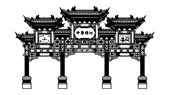 Intricate black and white illustration of a traditional chinese gate with detailed architectural features and ornate designs