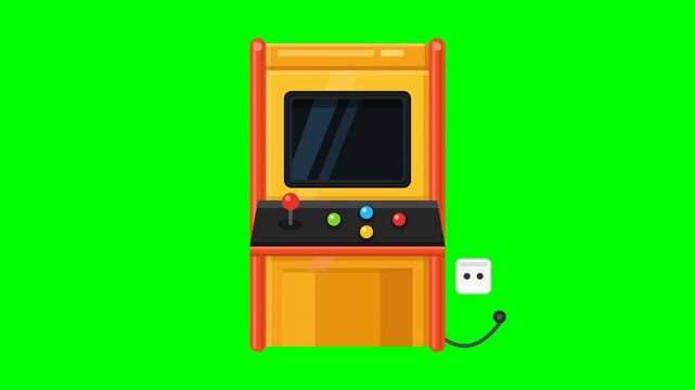 Flat vector retro arcade machine like the reference on solid chroma green background, no blue circle, NO ground shadow and NO drop shadow beside or under the machine: orange red side pillars with roun