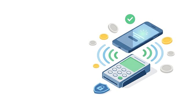 Isometric illustration of a smartphone making a contactless payment to a POS terminal.