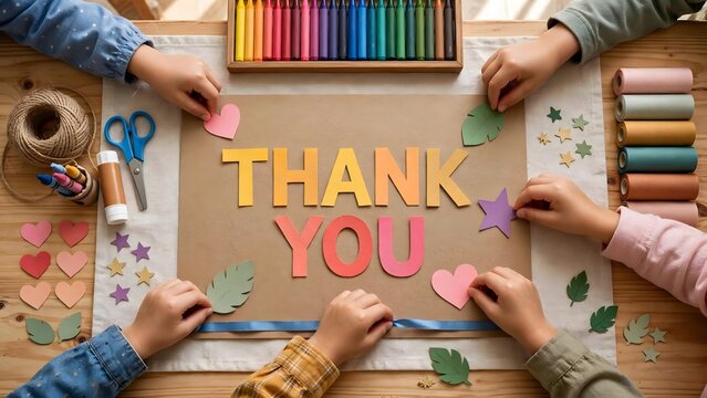 Children Creating Colorful Thank You Card