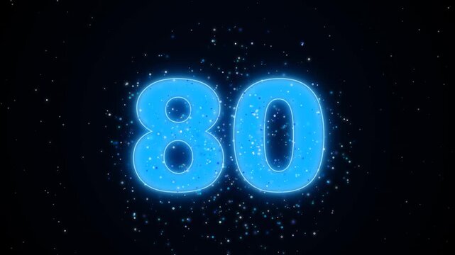 Glowing blue number eighty against dark starry background with sparkling particles