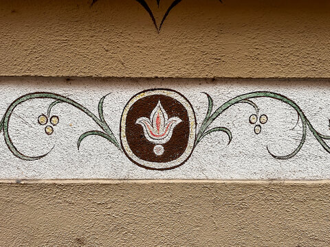 R&uuml;desheim, Germany, August 10, 2026 selective focus on decorative facade ornament in rudesheim