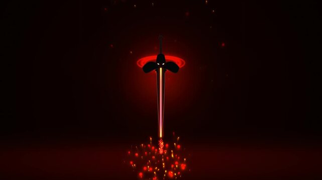 A glowing fantasy sword floating in a dark void with magical red light particles and rings radiating from the blade in a mysterious and powerful dark mystical atmosphere 4k Motion Video