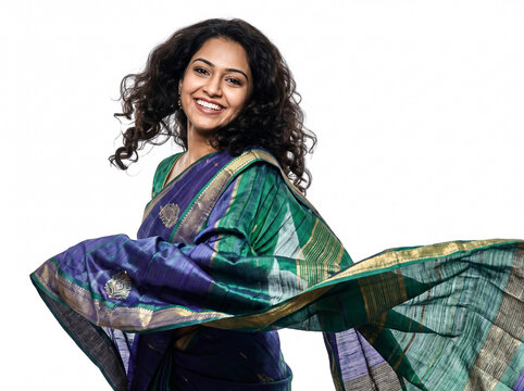 Joyful Indian Woman in Traditional Purple and Green Silk Saree Twirling Pallu
