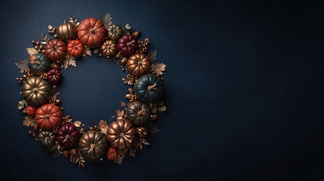 Thanksgiving (Canada) abstract new background 2026 Beautiful autumn floral wreath with dried leaves and flowers on dark background illustration