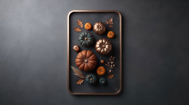 Thanksgiving (Canada) abstract new background 2026 Assorted pumpkins and autumn leaves on a decorative metal tray illustration