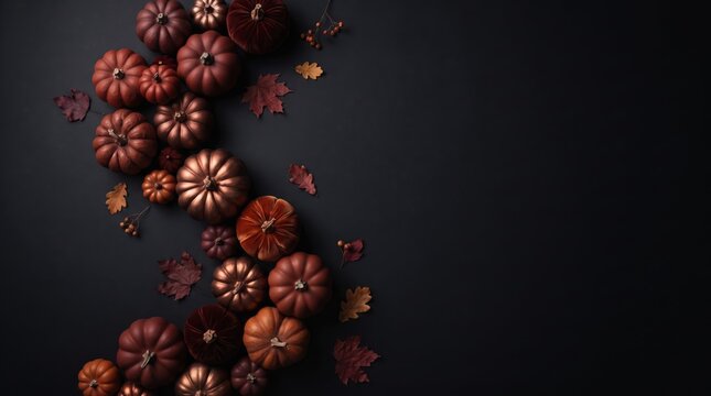 Thanksgiving (Canada) abstract new background 2026 Scattered pumpkins and autumn leaves on dark background illustration