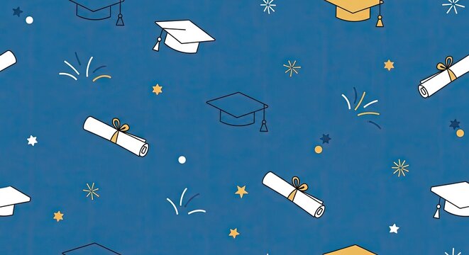Seamless graduation pattern with white mortarboards on blue background.