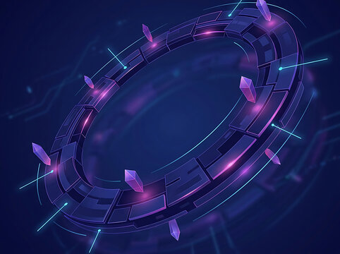 Futuristic neon portal ring with purple glow on dark background