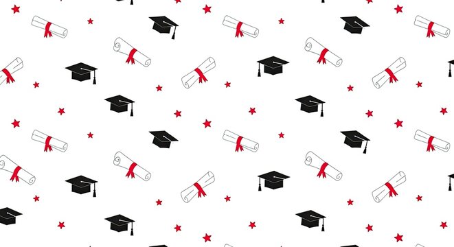 Seamless graduation pattern with black mortarboards and white diplomas.