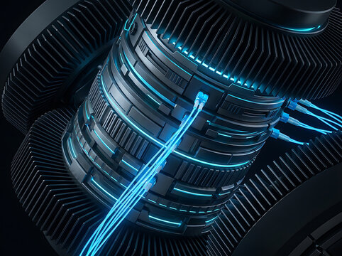 Futuristic Quantum Core Processor with Glowing Optical Cables