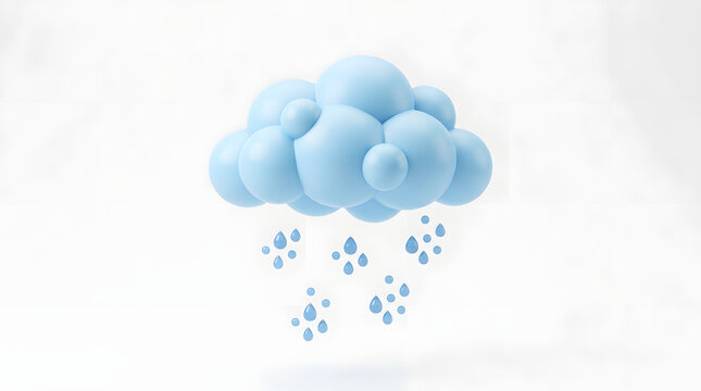 Stylized 3d blue rain cloud dropping cute water droplets for weather forecasting application interfaces and cartoon designs.