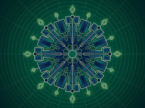 Geometric mandala tech pattern on green futuristic background