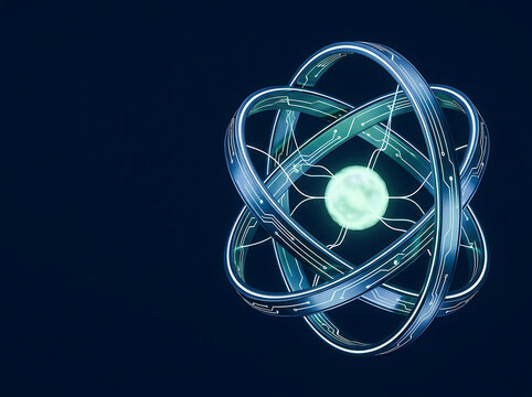 Quantum atom with glowing orbital rings on dark background