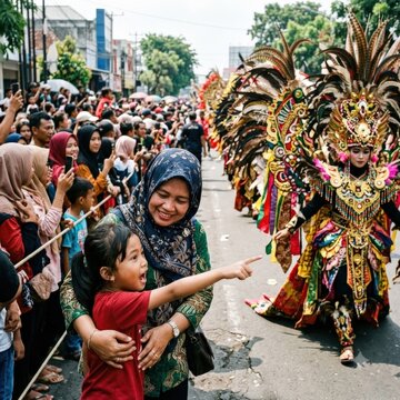 Mother and child watching colorful traditional street parade
