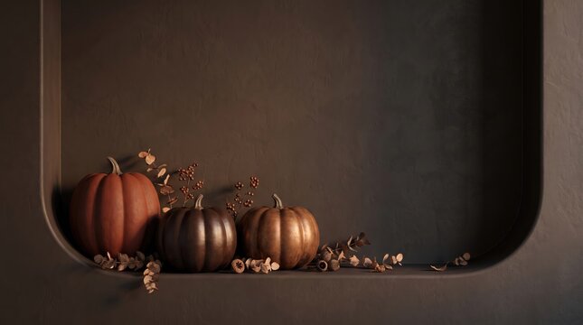 Thanksgiving (Canada) abstract new background 2026 Three rustic pumpkins in a dark wooden bowl with autumn leaves and seeds illustration