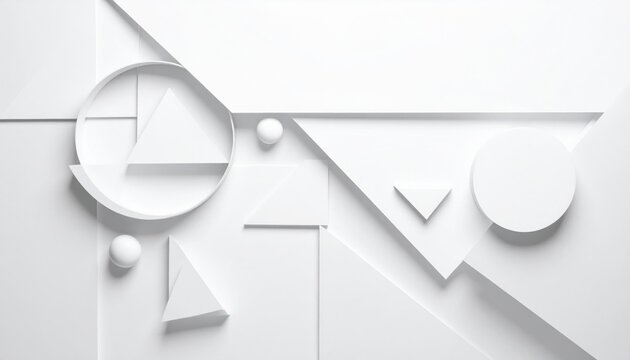 Minimalist White 3d Geometric Composition with Triangles and Circles
